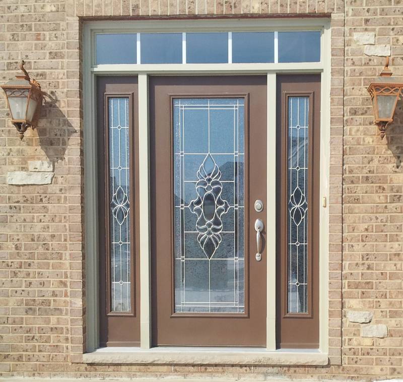 ProVia Legacy Steel Entry Door Tudor Brown Exterior with Emerald Glass