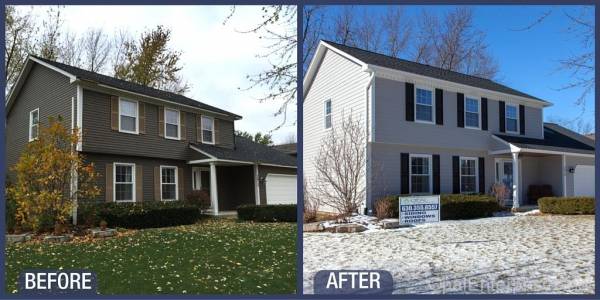 Before & After photo of renovation in Naperville with James Hardie Pearl Gray siding