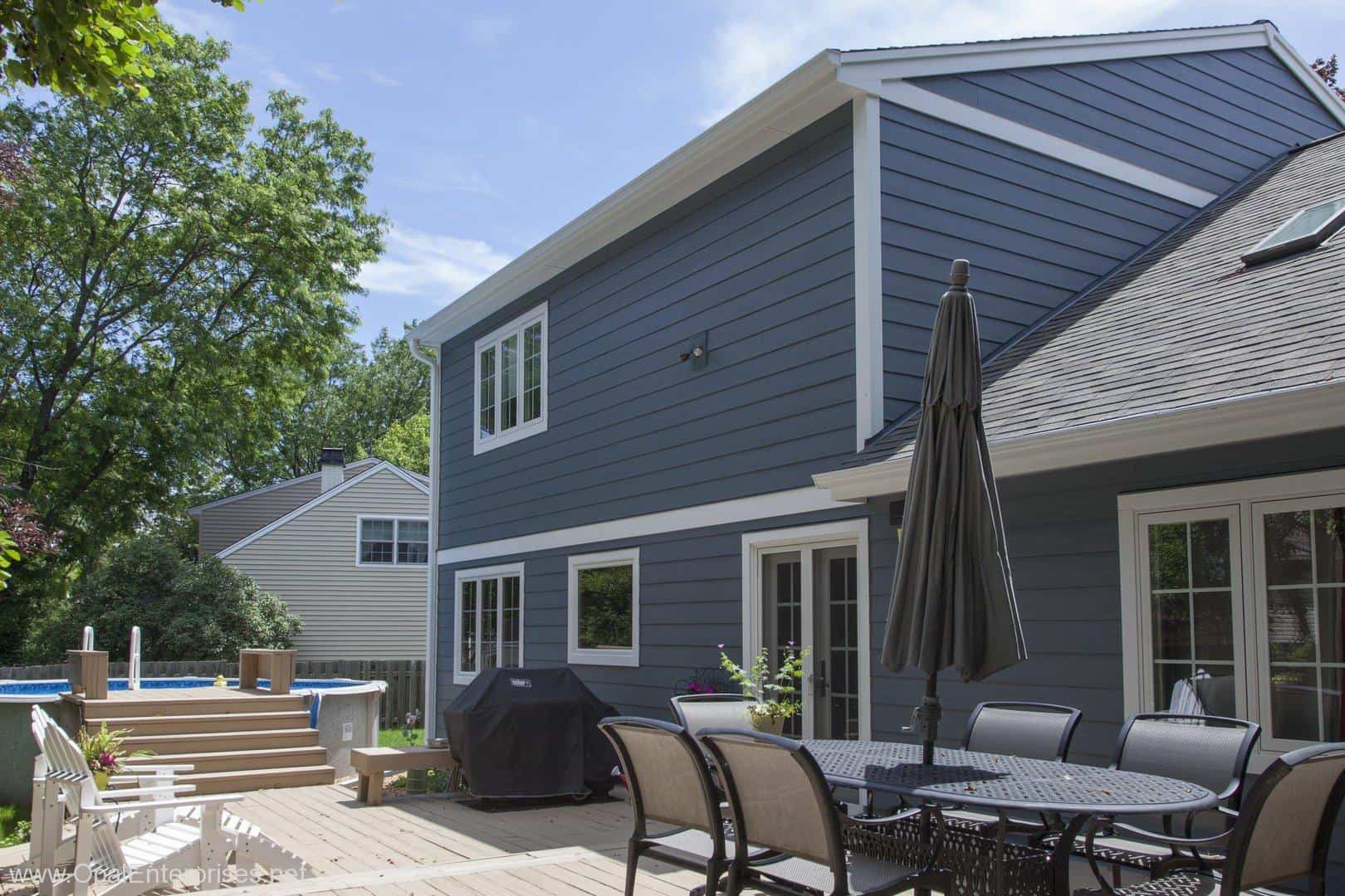 Back of Naperville home with Evening Blue hardie siding
