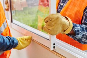 Workers installing windows during the bad summer heat.