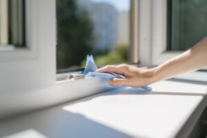 A person cleans their double-hung windows. Learn how to clean double-hung windows.