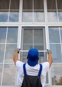 A technician replacing windows. Renovation professionals can help you decide if you should replace all your windows at once.